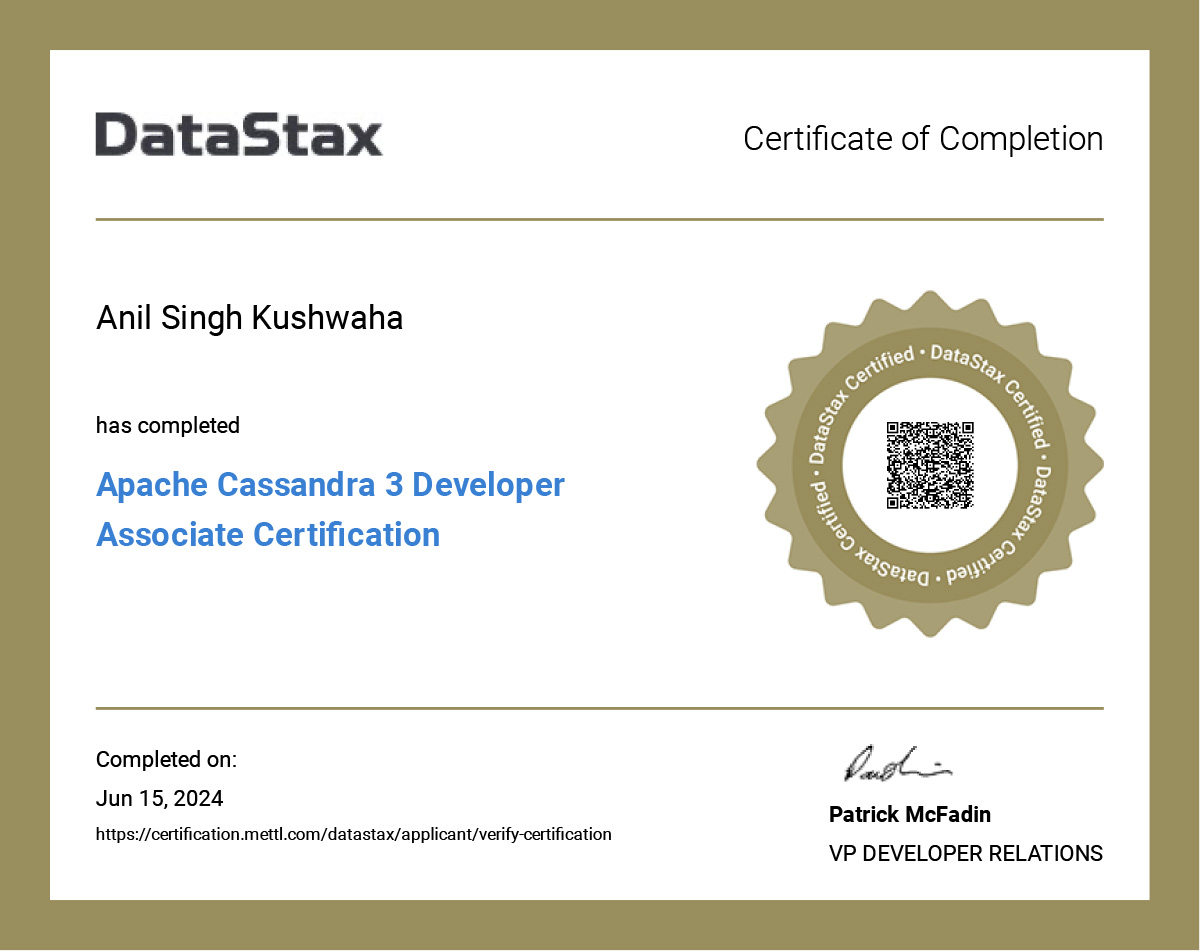 Anil Kushwaha - DataStax Cassandra Developer 