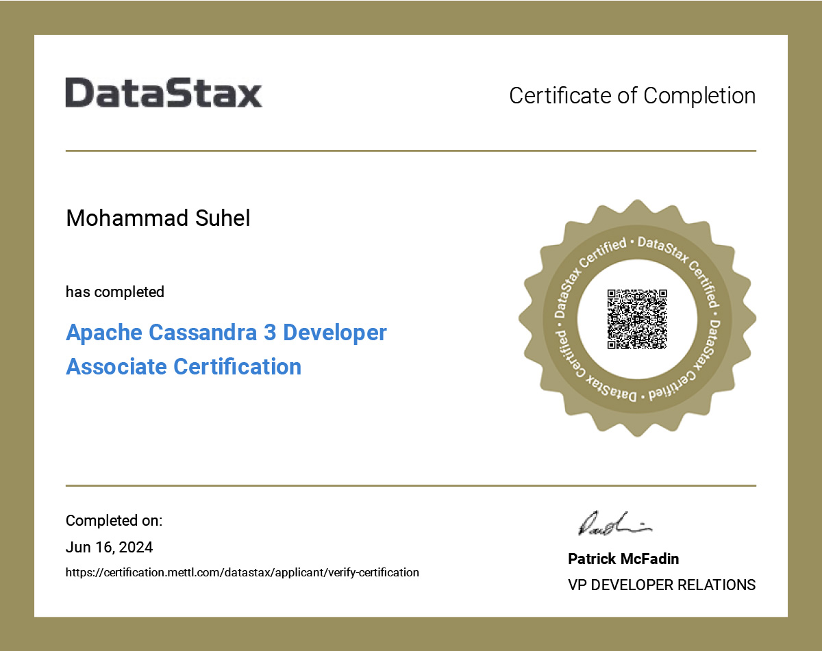 Mohammad Suhel - DataStax Cassandra Developer 