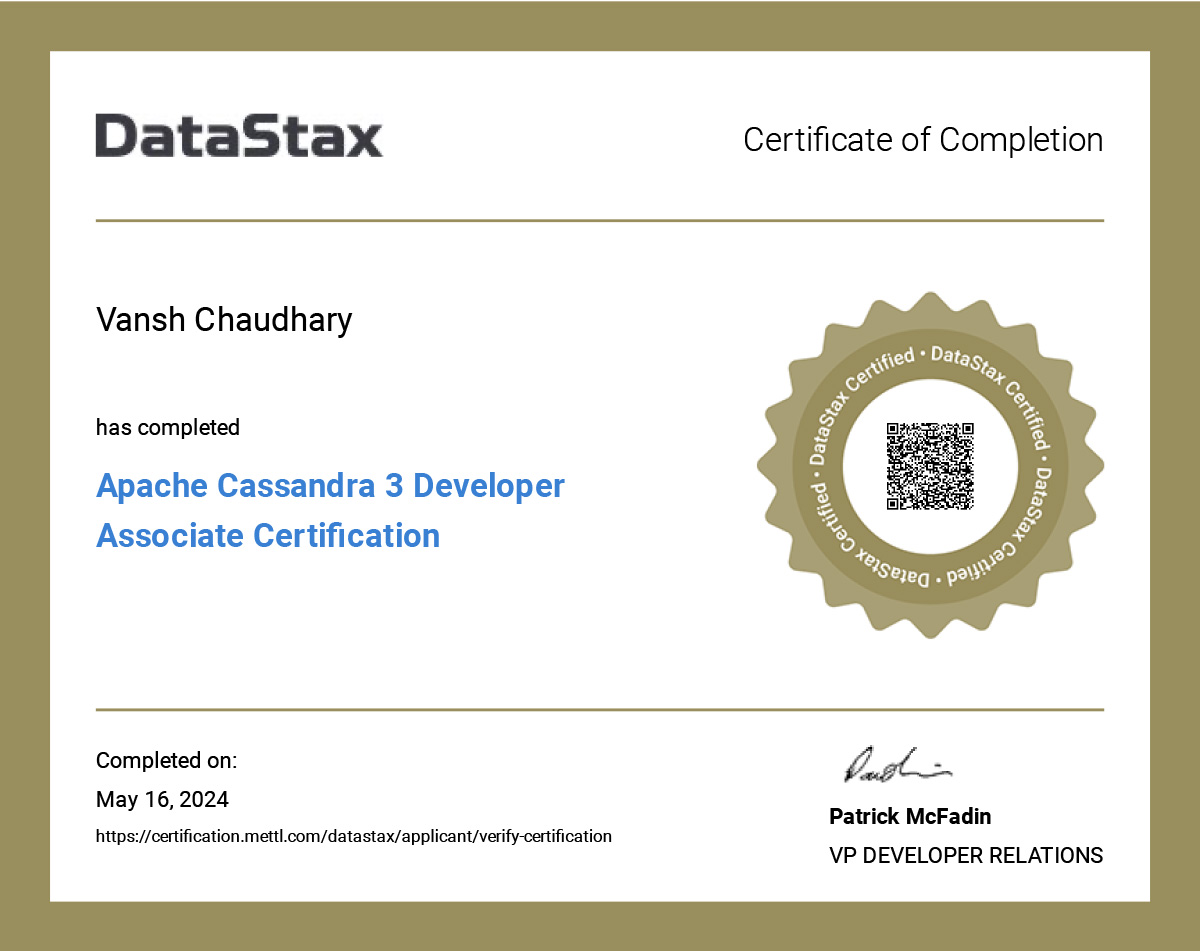 Vansh Chaudhary - DataStax Cassandra Developer 