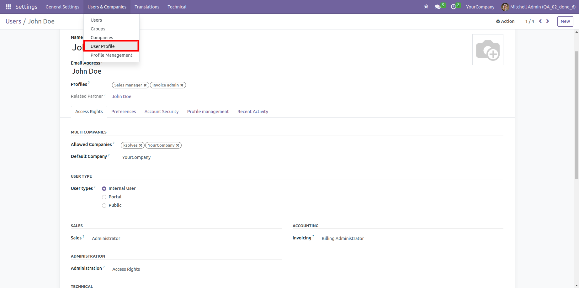 User Profiles Creation in odoo